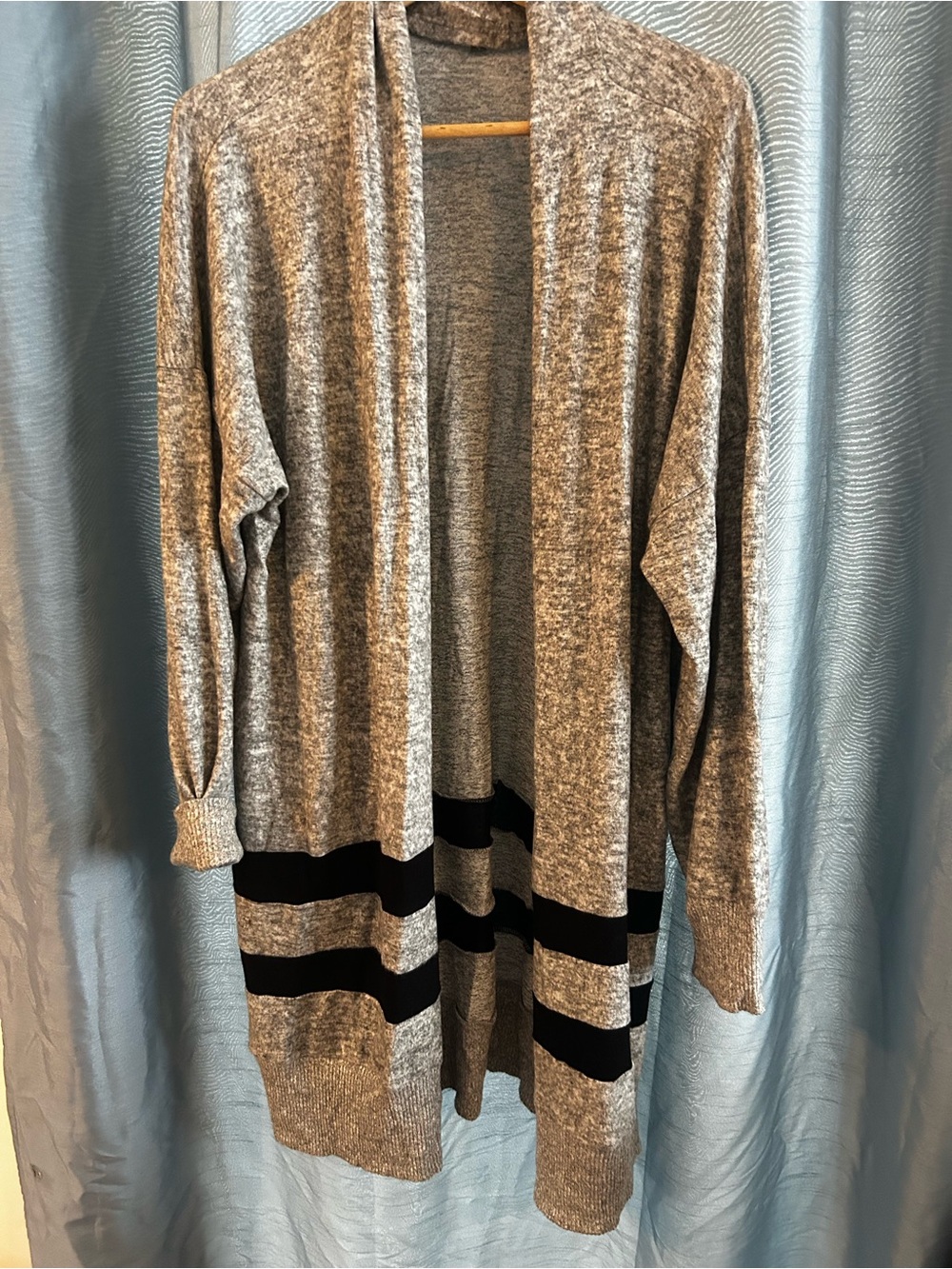 Shannon Passero Open-Front longline Gray Cardigan with Black Stripe Trim -lg